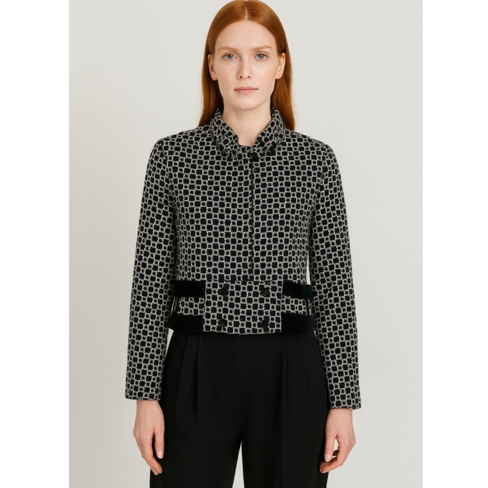 Rinascimento Retro Geometric Graphic Print Cropped Jacket Large Black & White